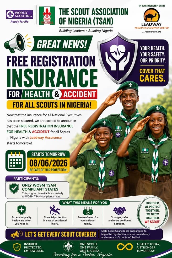 FREE Health & Accident Insurance Registration for Scouts in eligible WOSM TSAN-compliant States.